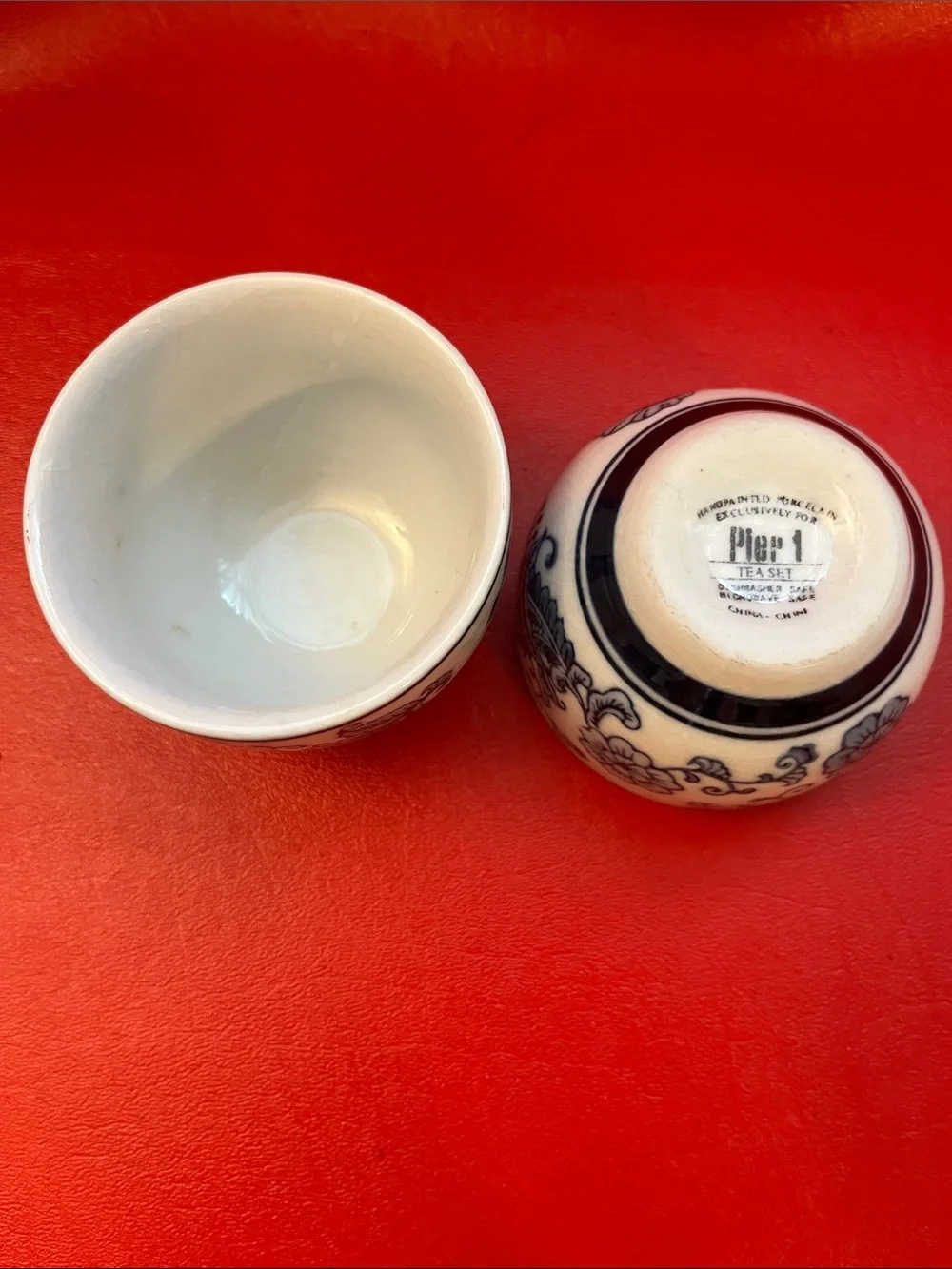 Pier 1 Handpainted Porcelain Tea Cups – Blue and White Floral – Set of 2